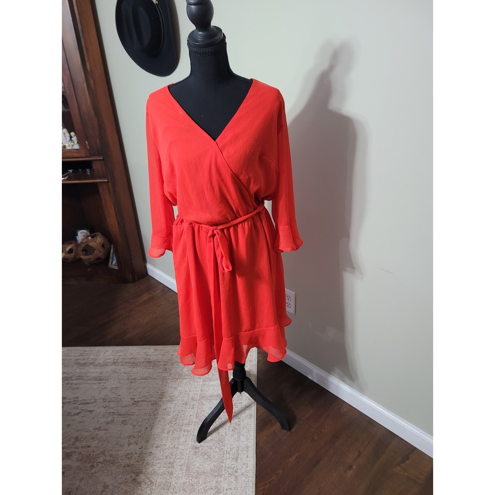 Fourteenth Place Red Orange Faux‎ Wrap Ruffle Hem Dress XL Bell Sleeve Tie Waist